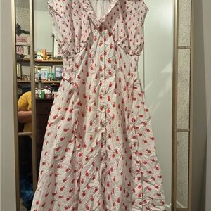 Anthropologie White Midi Dress with Red Pineapple Print Patterns